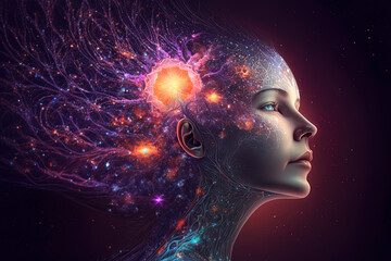 Third eye chakra interconnected to the spiritual universe, source of love full of energy and gratitude. Concept of meditation and gratitude. Generative AI