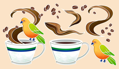 Coffee bean and birds element set