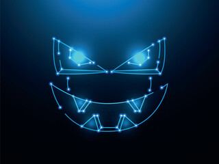 Polygonal vector angry face made of lines and dots on a dark blue background.
