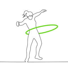 woman spinning a hoop - one line drawing vector. the concept classes physical training