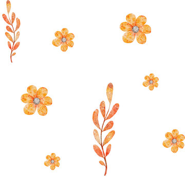 Watercolor Floral seamless pattern. Orange abstract flowers print on white background.