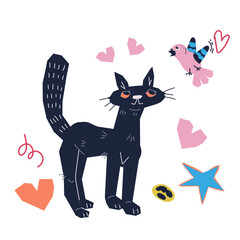 Cute funny black cat with bird, flat vector illustration isolated on white background. Domestic black cat for veterinary and pets care theme, clothing prints and cards.