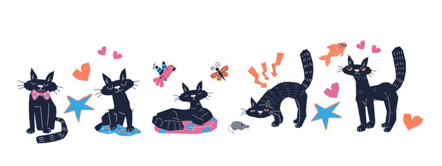 Cute cat characters collection in different poses flat vector illustration isolated on white background. Set of funny pet animals. Domestic black cat for veterinary and pets care theme.