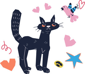 Cute funny black cat with bird. Domestic black cat for veterinary and pets care theme, clothing prints and cards.
