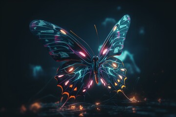 Fototapeta na wymiar Abstract neon light Butterfly, artwork design, digital art, wallpaper, glowing, space background. Generative ai