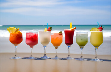 Tropical Juices and Cocktails with Beach View. Generative AI