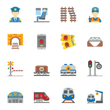 Train and railways flat icon set 1. intercity, international, freight trains, symbols collection.