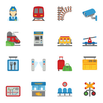 Train and railways flat icon set 2. intercity, international, freight trains, symbols collection.