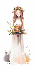 The bride in a beautiful light dress with a large modern wedding bouquet. Watercolor illustration. Generative AI technology.