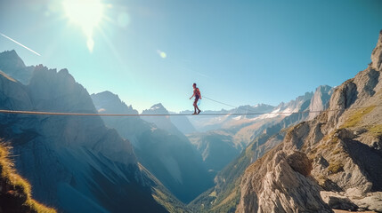 Rope walker in mountains. Highliner on rope. Man catches balance. Generative AI. High quality illustration