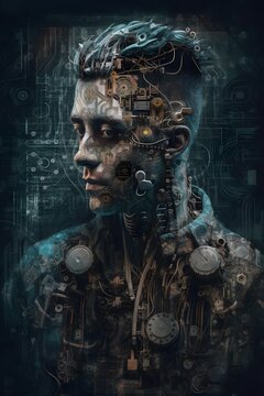 Noir cyborg man created with generative AI technology