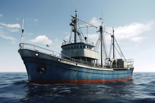 Illustration of Large Fishing Trawler Boat on the Ocean