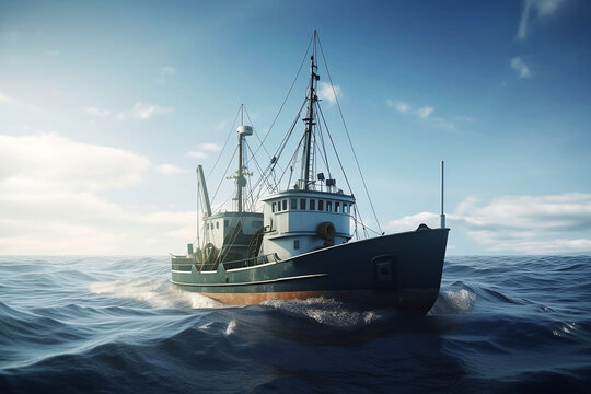 Illustration of Large Fishing Trawler Boat on the Ocean