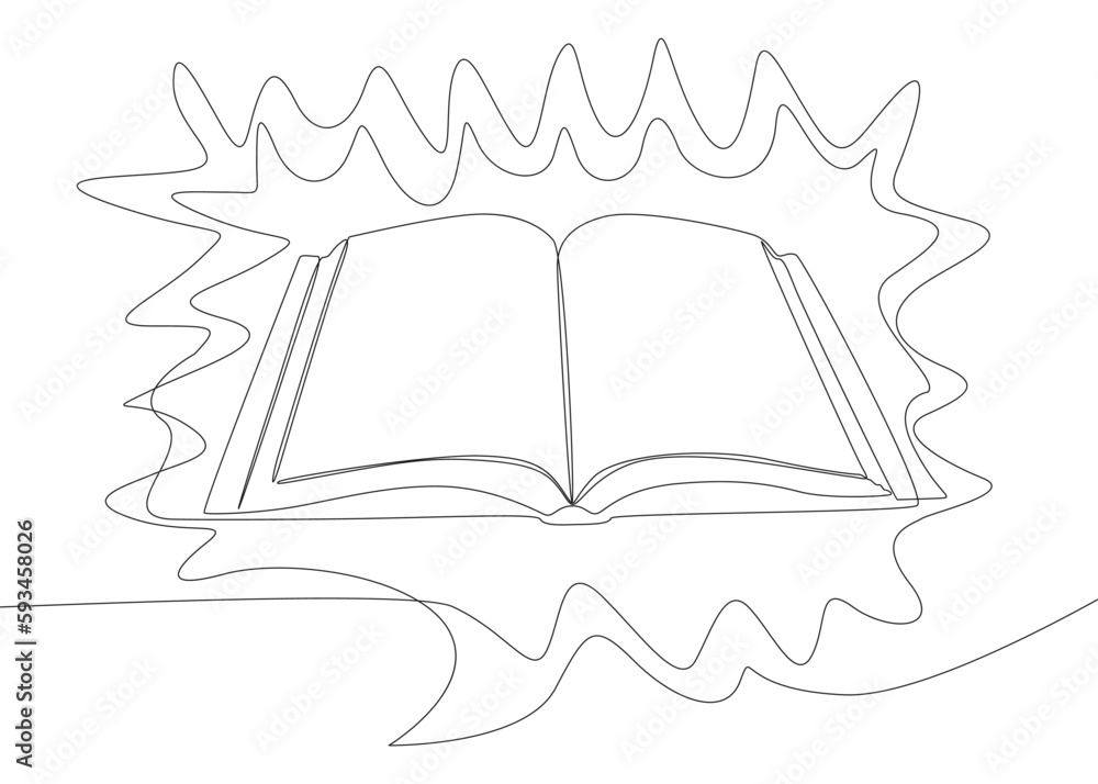 Poster one continuous line of speech bubble with opened book. thin line illustration vector concept. contou