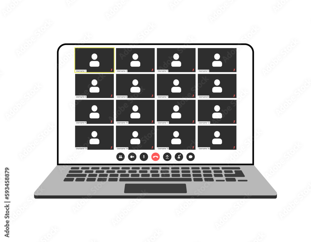 Poster videocall interface, video call screen icons and ui template for laptop, vector overlay. video confe