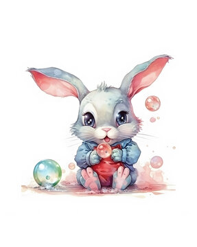 Cute bunny playing with bubbles created with generative AI technology