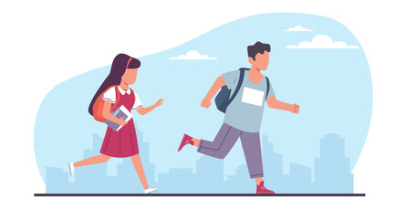 Boy and girl students are late to school for class. Children running with backpack, joyful hurrying pupils, hasten character active pose, cartoon flat style isolated illustration. Vector concept