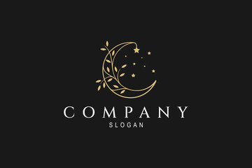 Luxurious crescent moon logo decorated with stars with plant variations in linear design style