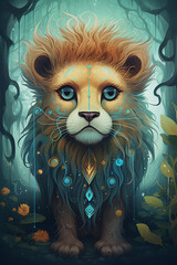 The Enchanted World of the Adorable Lion Cub: A Comic-Style Digital Painting in Vibrant Colors