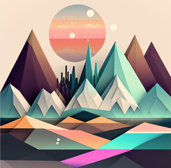 Low poly style mountain landscape created with Generative AI technology.