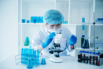Test tubes in clinic, pharmacy and medical research laboratory and chemical substances.