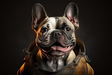 French Bulldog dog breed dressed in a firefighter uniform ready for rescue missions. Generative AI