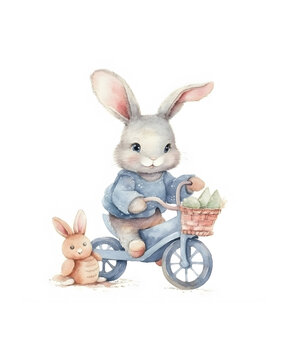 Cute bunny riding bicycle created with generative AI technology
