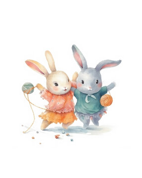Two cute bunnies playing with yarn created with generative AI technology