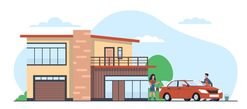 Couple washes car in front of country house. Family cleaning automobile outdoors using shampoo and hose. Clearing vehicle on home yard, cottage facade cartoon flat style vector concept