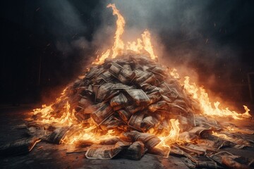 A burning pile of dollar bills symbolizing financial losses concept background, generative AI digital art