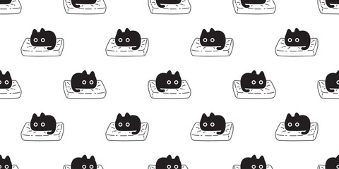 cat seamless pattern black kitten sleeping pillow neko calico vector pet cartoon gift wrapping paper tile background repeat wallpaper doodle scarf isolated illustration design