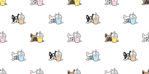 Fototapeta premium dog seamless pattern french bulldog boba tea bubble milk tea drink vector pet puppy cartoon gift wrapping paper tile background repeat wallpaper doodle scarf isolated illustration design