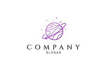 Space planet logo decorated with stars in purple color linear design style © FendyTerisno