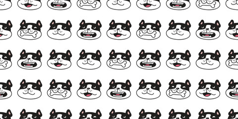 Naklejka premium dog seamless pattern french bulldog smiling head face vector pet paw footprint puppy cartoon gift wrapping paper tile background repeat wallpaper doodle scarf isolated illustration design