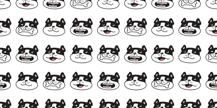 dog seamless pattern french bulldog smiling head face vector pet paw footprint puppy cartoon gift wrapping paper tile background repeat wallpaper doodle scarf isolated illustration design