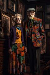 Fototapeta premium fashion editorial illustration, happy senior woman in pink dress