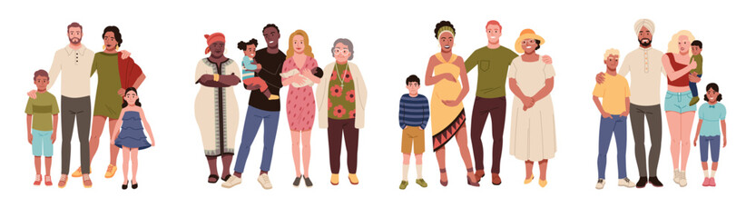Obraz premium Multinational family. Mixing of ethnic groups, happy people with grandparents and children, national clothing elements relationships and parenthood concept, cartoon flat tidy vector set