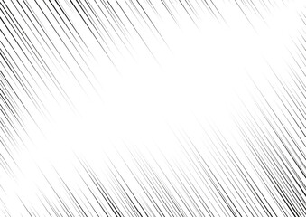 Manga focus speed lines for comic effect. Motion and action diagonal focus flash strip lines for anime comic book. Vector background of black ray manga speed frame or splash and explosion.