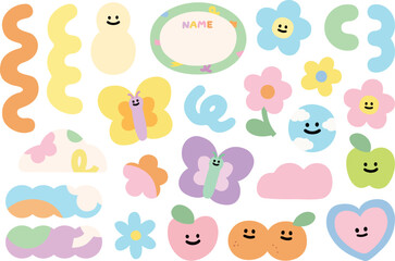 Pastel illustrations of abstract shapes, doodles, flowers, orange, apple, butterfly, cloud for animal print, cartoon character, stickers, spring, summer, toy, cute patches, picnic, nature, garden