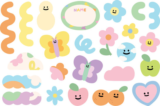 A pastel-coloured set of vector illustrations including abstract shapes, strokes, doodles, flowers, fruits and animals. For decorations, frames, stickers, planners, etc.
