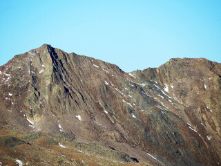 Rocky mountain peak Piz Chaste (2849 m) in the massif of the Silvretta Alps above the road pass Fluela (Flüelapass), Zernez - Canton of Grisons, Switzerland (Kanton Graubünden, Schweiz)