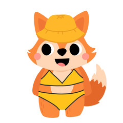 Cute cartoon baby fox in hat and swimsuit smiling. Isolated vector illustration for childrens book.