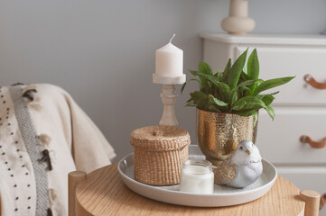 cozy spring home details. House plant, candle and decorations composition on coffee table with chair on background.