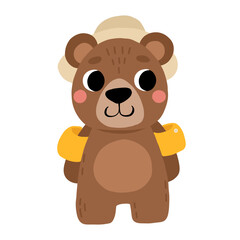 Obraz na płótnie Canvas Cute cartoon brown bear in hat. Isolated summer vector illustration for childrens book.