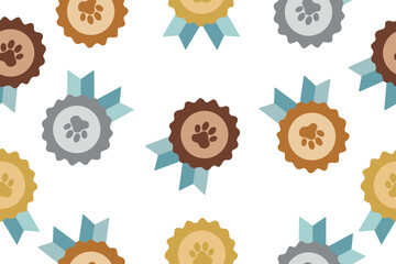 Gray Pet award symbol icon isolated on seamless pattern. Badge with dog or cat paw print and ribbons. Pet show winner concept. Vector illustration.