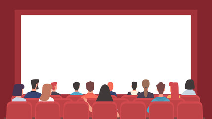 People sitting in theater, movie cinema and looking at big blank screen, view from behind. Show announcement, performance on stage. Women and men watching film. Cartoon flat vector concept