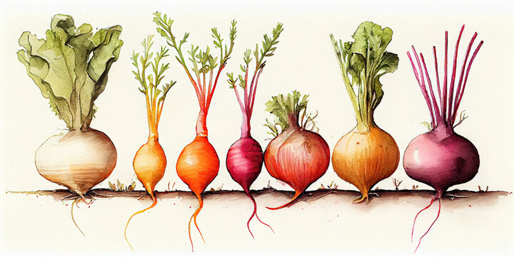 Watercolor painting of assorted lined up vegetables in soil in gradient colors (Generative AI)