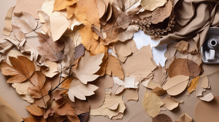 Creative fall atmosphere art mood board. Handmade collage made of magazines and torn paper cut clippings. Mixed texture background with space for text. Beige, brown and taupe colors Generated AI