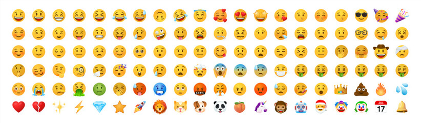 Funny cartoon yellow emoji and emotions icon collection. Mood and facial emotion icons. Crying, smile, laughing, joyful, sad, angry and happy faces, emoticons vector set 10 eps. - obrazy, fototapety, plakaty