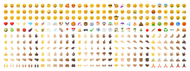 All type of emojis in one big set. Hands, gesture, people, animals, food, transport, activity, sport emoticons. Smiley big collection. Vector illustration.